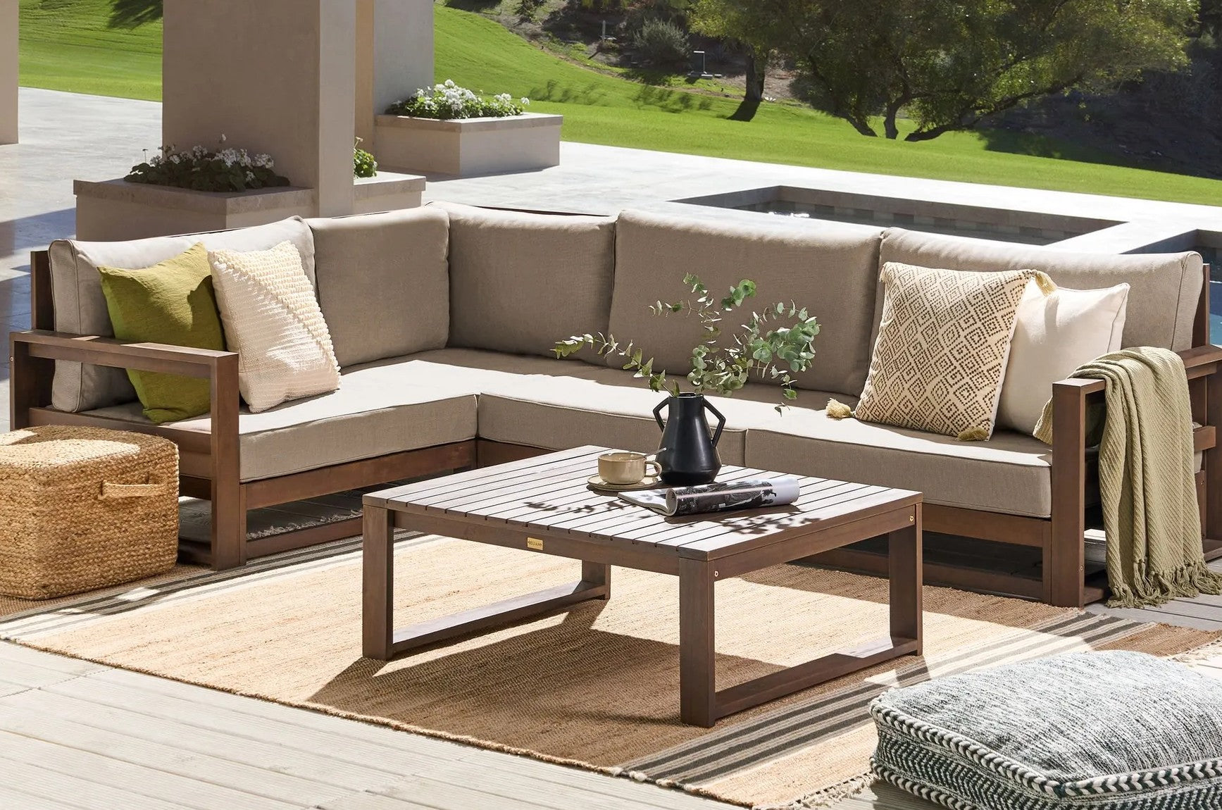 Garden Corner Sofa with Table 4 Seater TIMOR Right Hand Modular Certified Acacia Wood Dark Brown